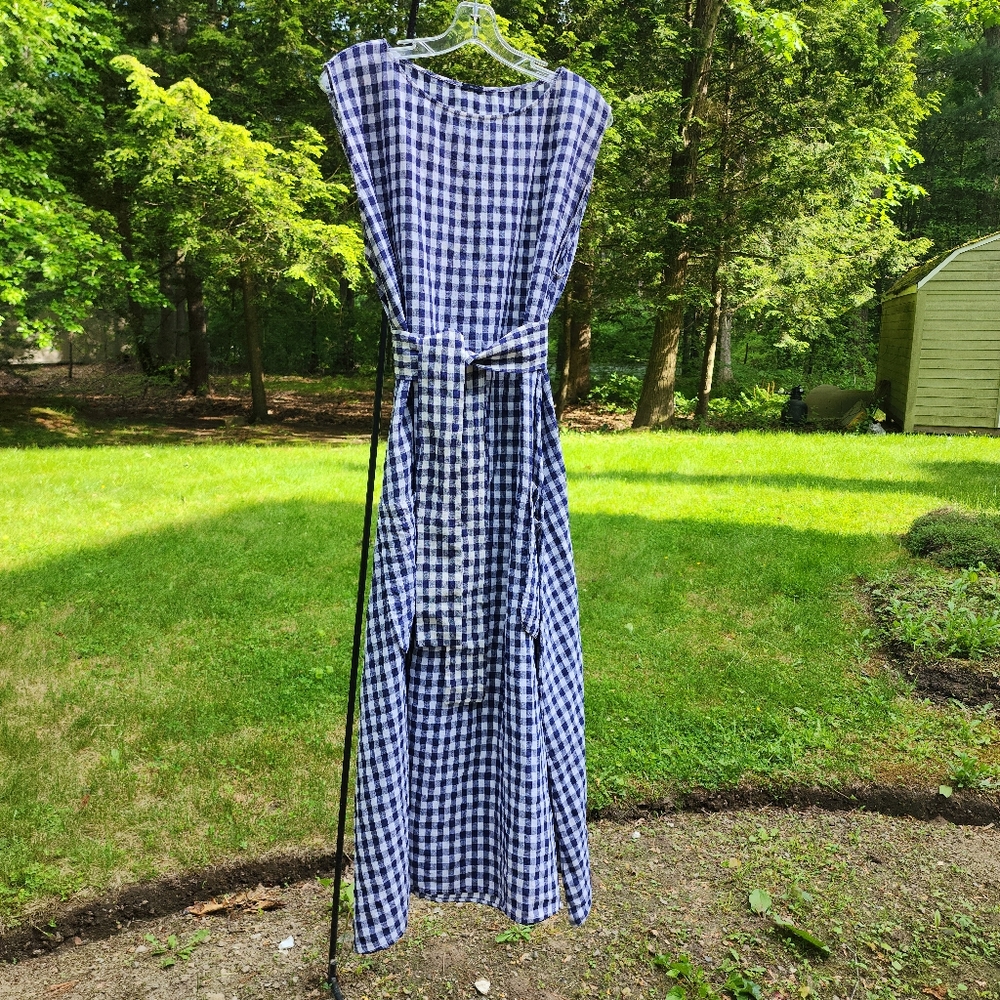 Apuntob Blue & White Linen  Sleeveless Gingham Midi Dress Large - Picture 9 of 15